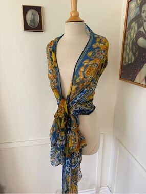 Italian Blue & Yellow Floral Sheer Scarf Wrap